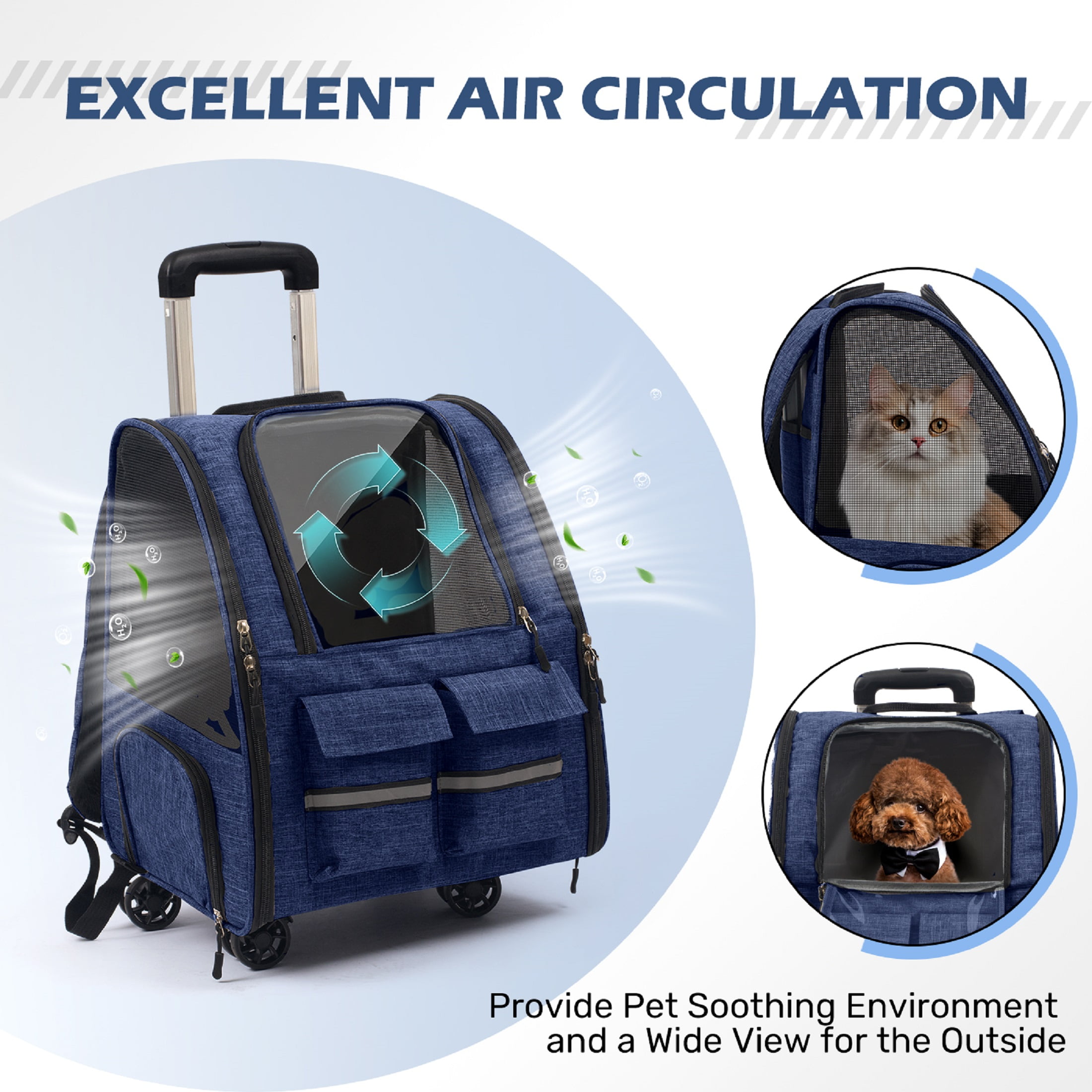 Portable and Breathable Pet Trolley Case Large Capacity Pet Air Case Going Out Dog Cat Suitcase, Blue