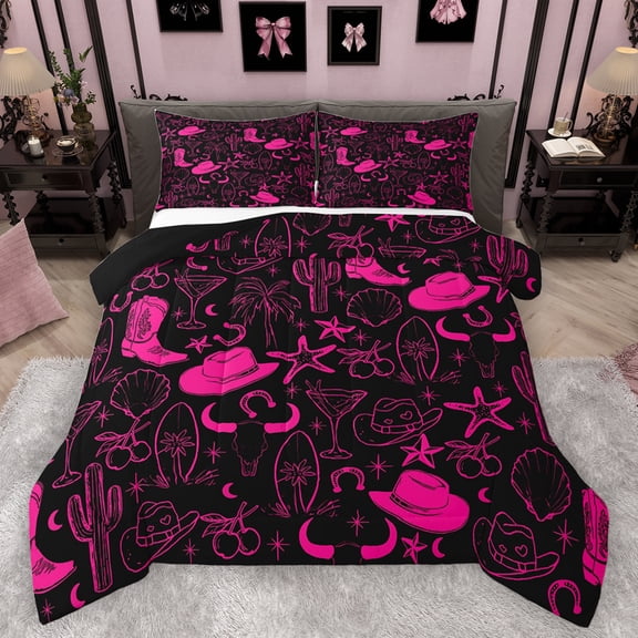 Homewish Kawaii Cowboy Cowgirl Bedding Comforter Set, Western Cactus Tree Twin Comforter Sets, Black Pink Cartoon Reversible Bedding Set, Microfiber Bedroom Decor, 2pcs