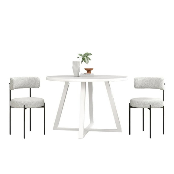 Roundhill Furniture Durban 3-Pc Round Dining Set, Trestle Dining Table with 2 Boucle Chairs