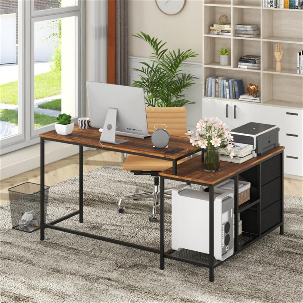 Demi Bonn L-shaped Computer Desk with Power Outlet for Working Studying Gaming, Small Home Office Desk Study Writing Table, Brown