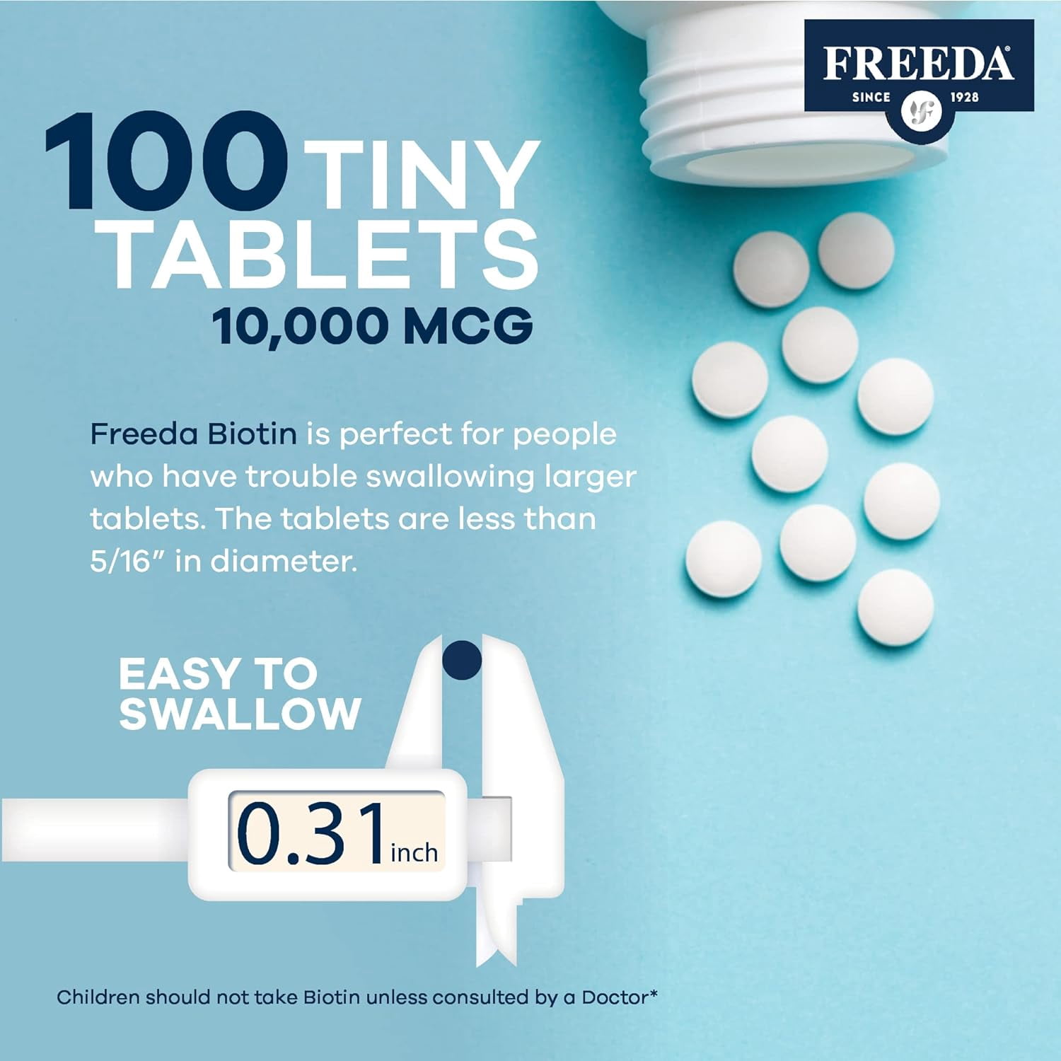 Freeda Biotin 10,000 mcg (10 mg) | Maximum Strength | Hair, Skin & Nails Support | Tiny Tablets | Vegan, Gluten Free | 100 Tablets