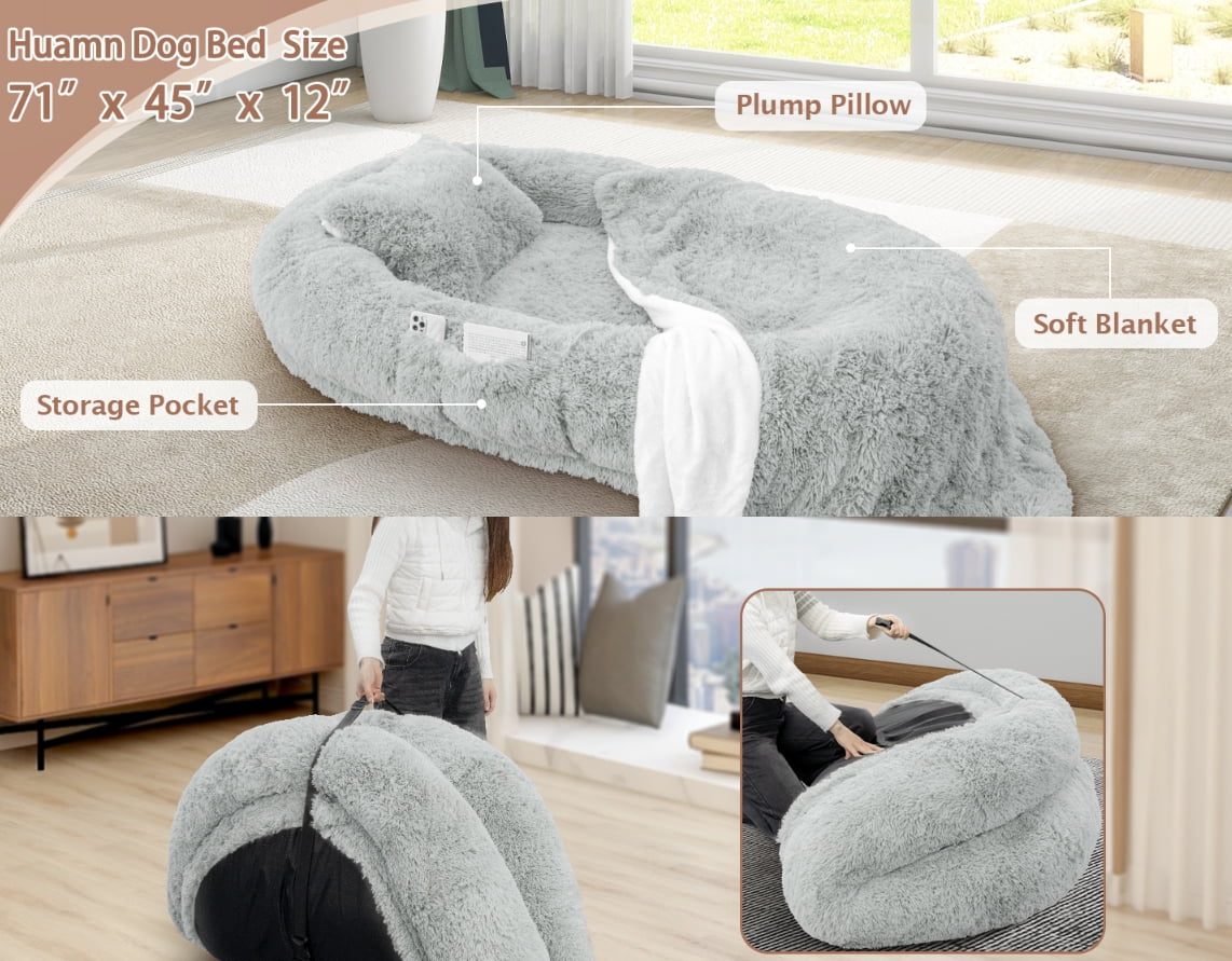 Oversize Memory Foam Human Dog Bed, with Pillow & Blanket, Gray 71"L x 45"W x 12"Th