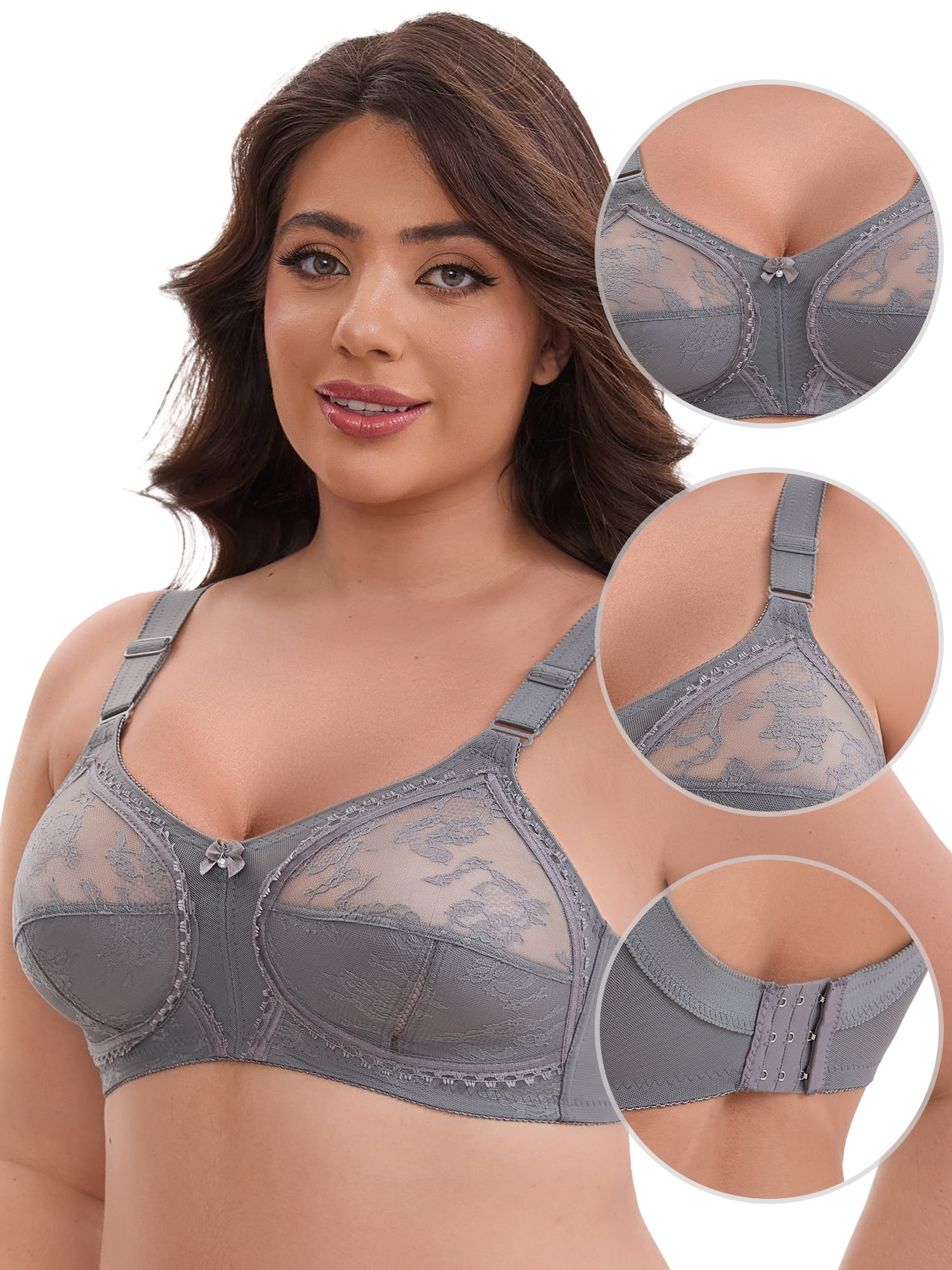 DARING DIVA Women's V-Neck Full Cup Wireless Bralette Lace Mesh 46C Gray