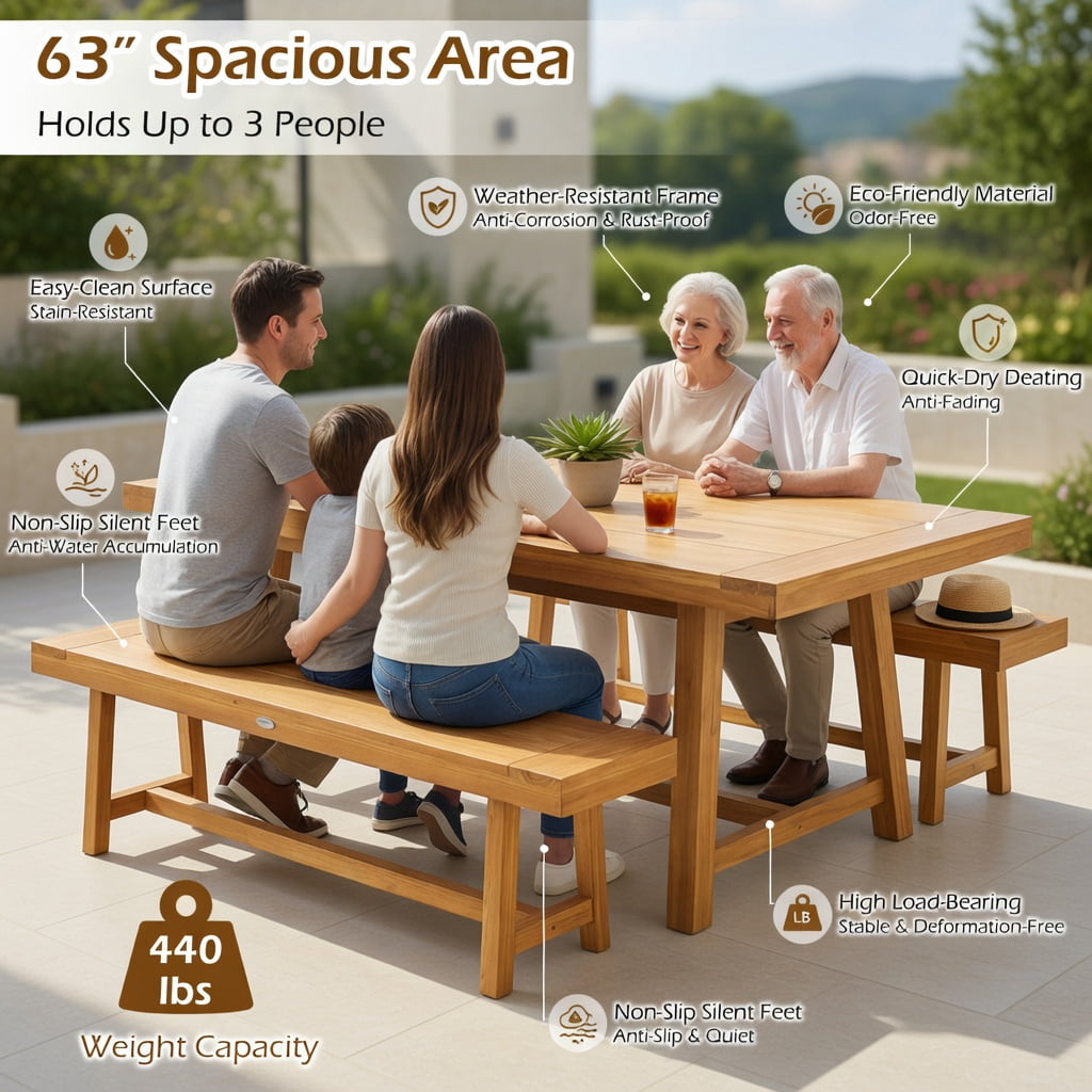 Hommoo 63" Teak Wood Bench, Sturdy Natural Solid Wood Seating for Dining Room, Entryway or Bedroom, Natural