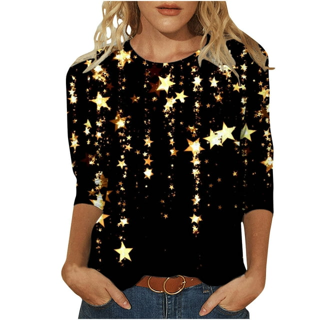 CEHVOM T-shirt Mode Femme Imprimé Ample Manches 3/4 Blouse Col Rond Tops Décontractés Liquidation
