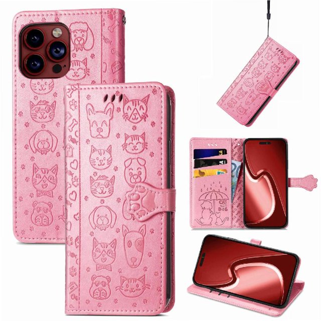Funda Cartera FOXDOCK para iPhone 15 ProMax , Flip PU con Relieve de Gatos y Perros, Tarjetero y Soporte