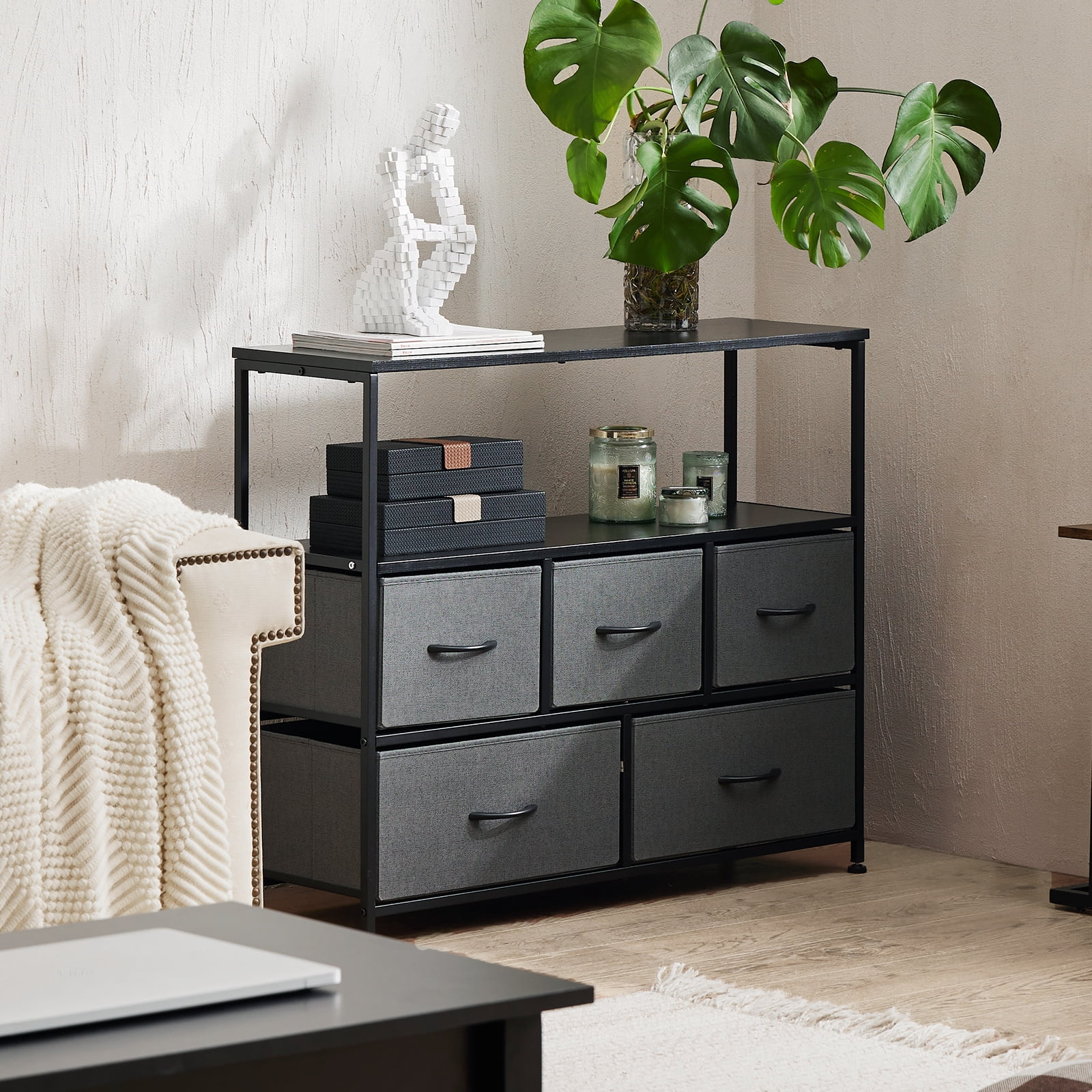 Aukfa 5 Drawer Dresser,Wide Chest of Drawers for Bedroom with Metal Frame for TV,Gray