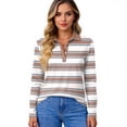 thumbnail image 4 of Striped Long Sleeve Polo Shirts for Women Business V Neck Collared Tops Button Down Loose Fit T Shirt Watermelon Red S, 4 of 4