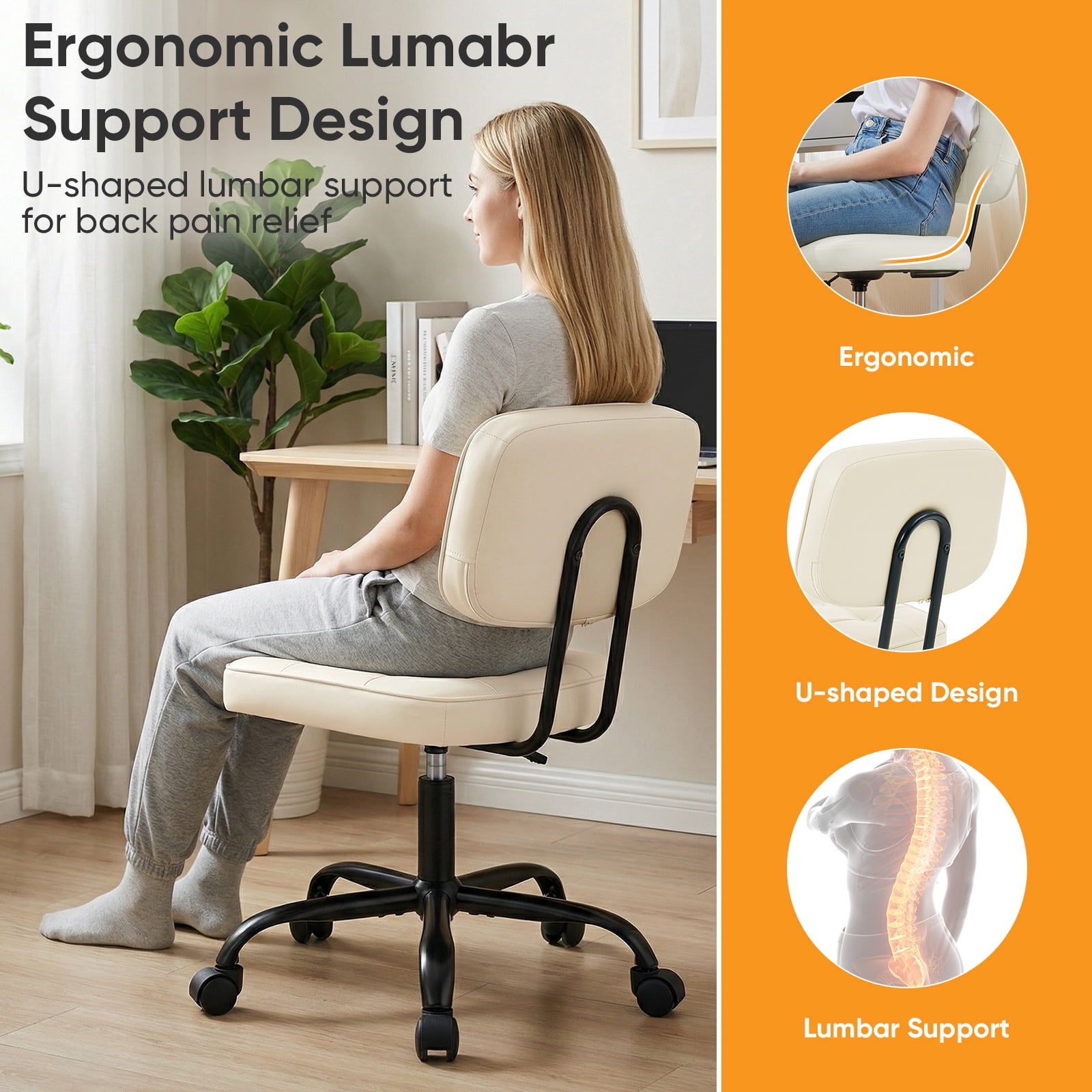 Gianna Ergonomic PU Leather Desk Chair, Armless Rolling Chair with Thickened Cushion for Small Spaces