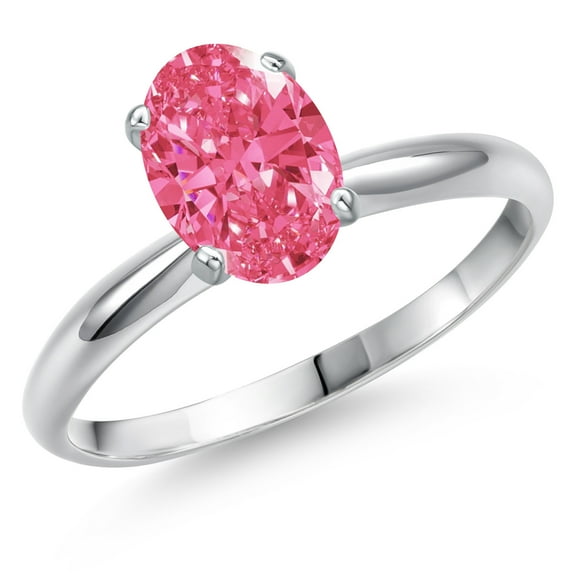 Gem Stone King 14K White Gold Fancy Pink Zirconia Solitaire Engagement Ring for Women | 1.21 Cttw | Oval 8X6MM | Gemstone Birthstone | Size 8