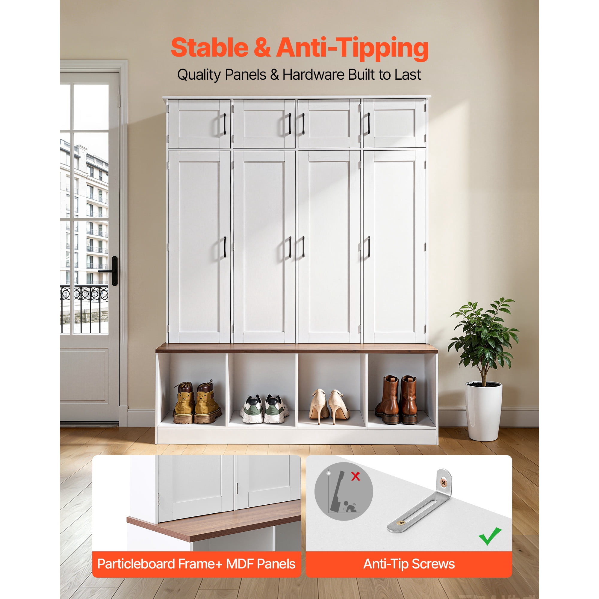 KFFKFF Entryway Hall Tree with Bench and Storage, 59" Wide, 4-in-1 Design Featuring Bench, Hooks, Storage Cabinet, and Shoe Organizer, Wooden Furniture for Mudroom, Hallway, and Entryway, White