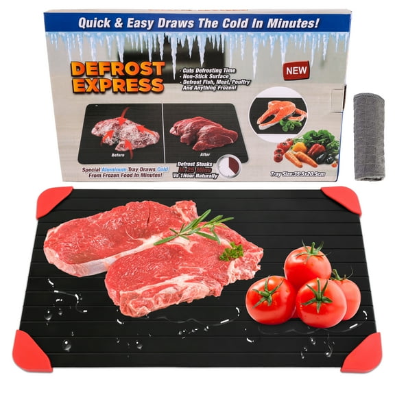 Fabulas Defrosting Tray for Frozen Meat, 14 x 8 In Aluminum Thawing Tray with Silicone Corners and Cleaning Cloth, Non-Stick Fast Thawing Plate for Meat, Fish, and Vegetables
