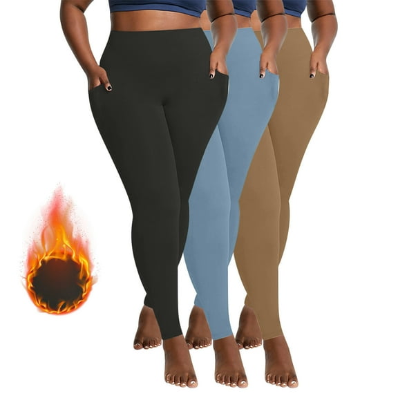 CFLVAEK 3 Piece Fleece Lined Leggings for Women with Pockets Quick Dry High Waist Legging Tights Plus Size Thermal Warm Winter Yoga Pants (Dark Gray Khaki Blue) XXXL
