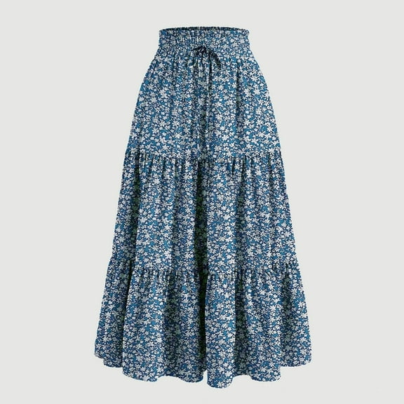 Mqqzkk Women's High Elastic Waist Midi Skirt Foral Printed Casual Summer Trendy Tie Front Flowy Ruffle A line Skirts