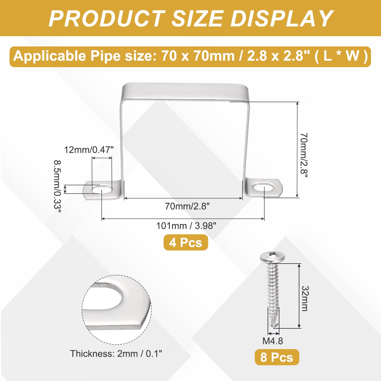 Uxcell 4Pcs U Shape Square Tube Clamp, 70x70mm U Shaped Bracket 304 Stainless Steel Square Strap Clamp with Phillips Head Self Drilling Screws for Pipes Door Closed Bar Holder Railings
