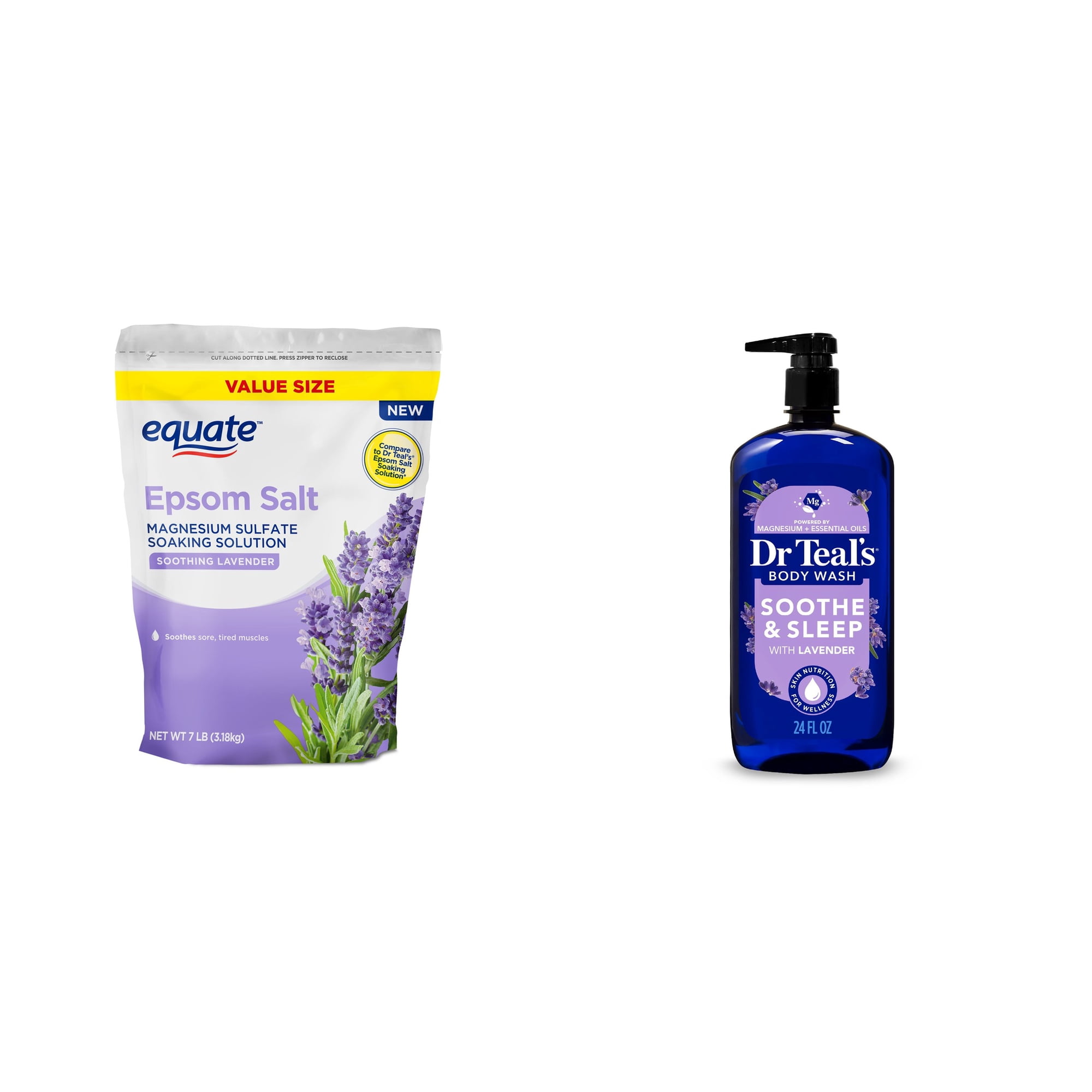 Equate Epsom Salt Soaking Solution, Soothing Lavender, 7 lbs & Dr Teal's Soothe & Sleep Body Wash with Pure Epsom Salt & Lavender Essential Oil Bundle