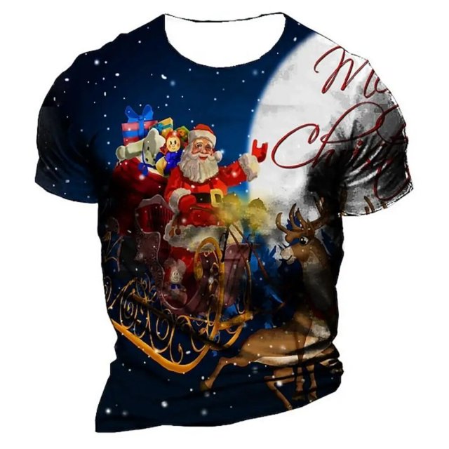 Ropa con patrón de Papá Noel para hombre, camiseta de manga corta con cuello redondo, talla grande europea, novedad de 2024