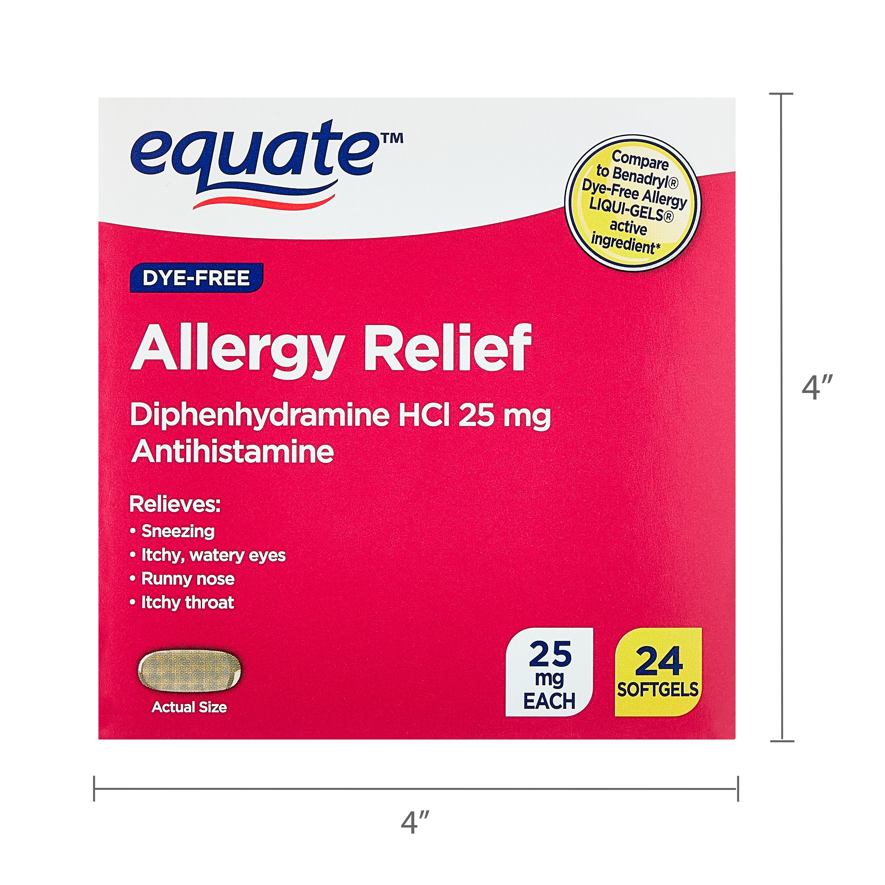 Equate Dye-Free Allergy Relief Diphenhydramine HCl 25mg Softgels, 24 Count, Compare to Benadryl® Dye-Free Allergy LIQUI-GELS®