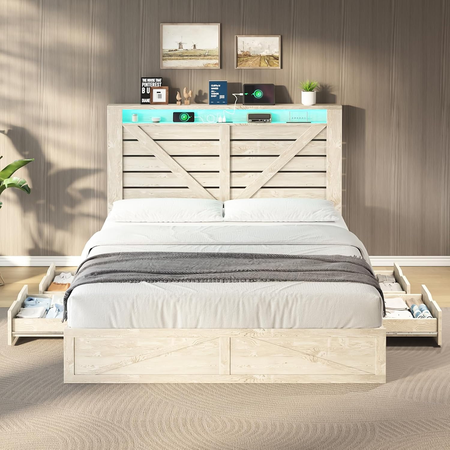 Amerlife Queen Size Storage Bed Frame with 4 Drawers & LED Light, Charging Station, Rustic White