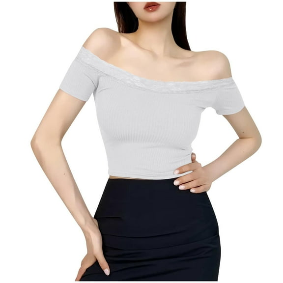 Off Shoulder Tops for Women Short Sleeve Summer Slim Fit Ribbed T Shirts Fitted Going Out