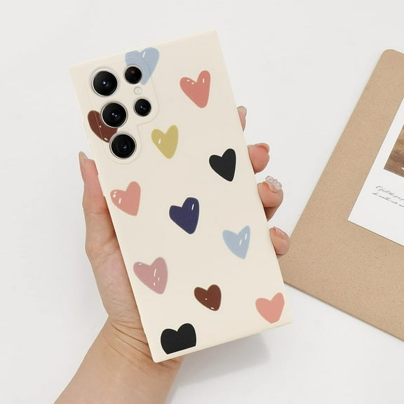 Samsung Galaxy S22 Ultra Case for Women Girls, Cute Matte Love Hearts Pattern, Soft Liquid Silicone Back Cover with Camera Protection, Shockproof Phone Case for Samsung S22 Ultra, Beige