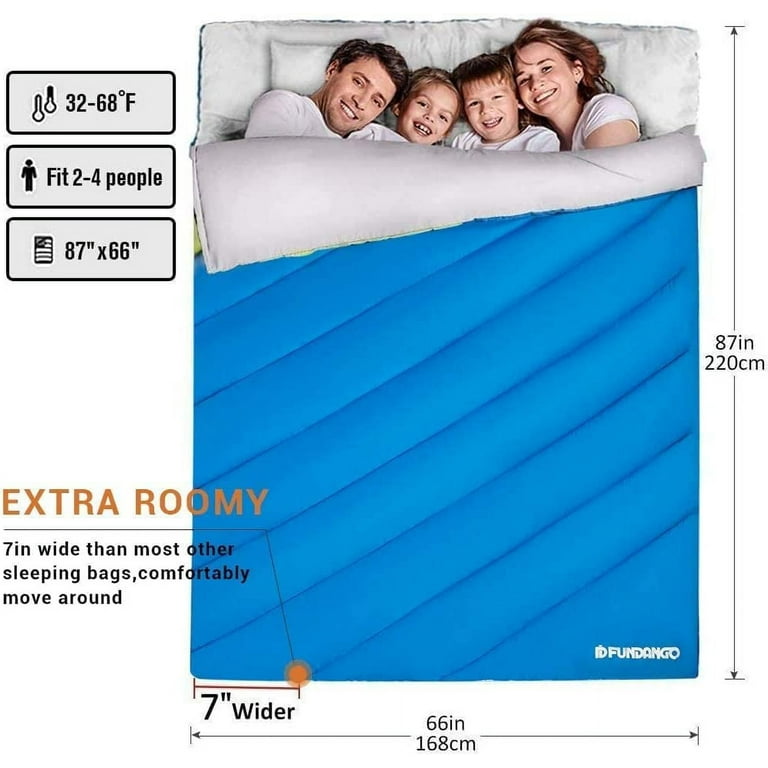 FUNDANGO 3 in 1 Queen Double Sleeping Bag for Adult Extra Wide Envelope Sleep Bag 2 4 Person 26.6 72