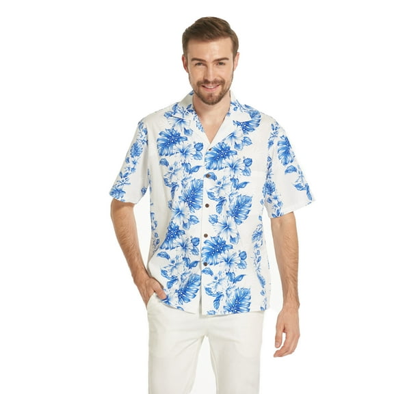 Made in Hawaii Men's Hawaiian Shirt Aloha Shirt Line Hibiscus Floral Blue