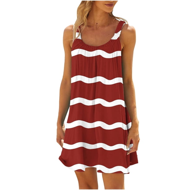 Vestido de Verano para las Mujeres Impreso sin Mangas Cuello Redondo, Suelto de Rodilla de Longitud Vestido Casual para la Primavera