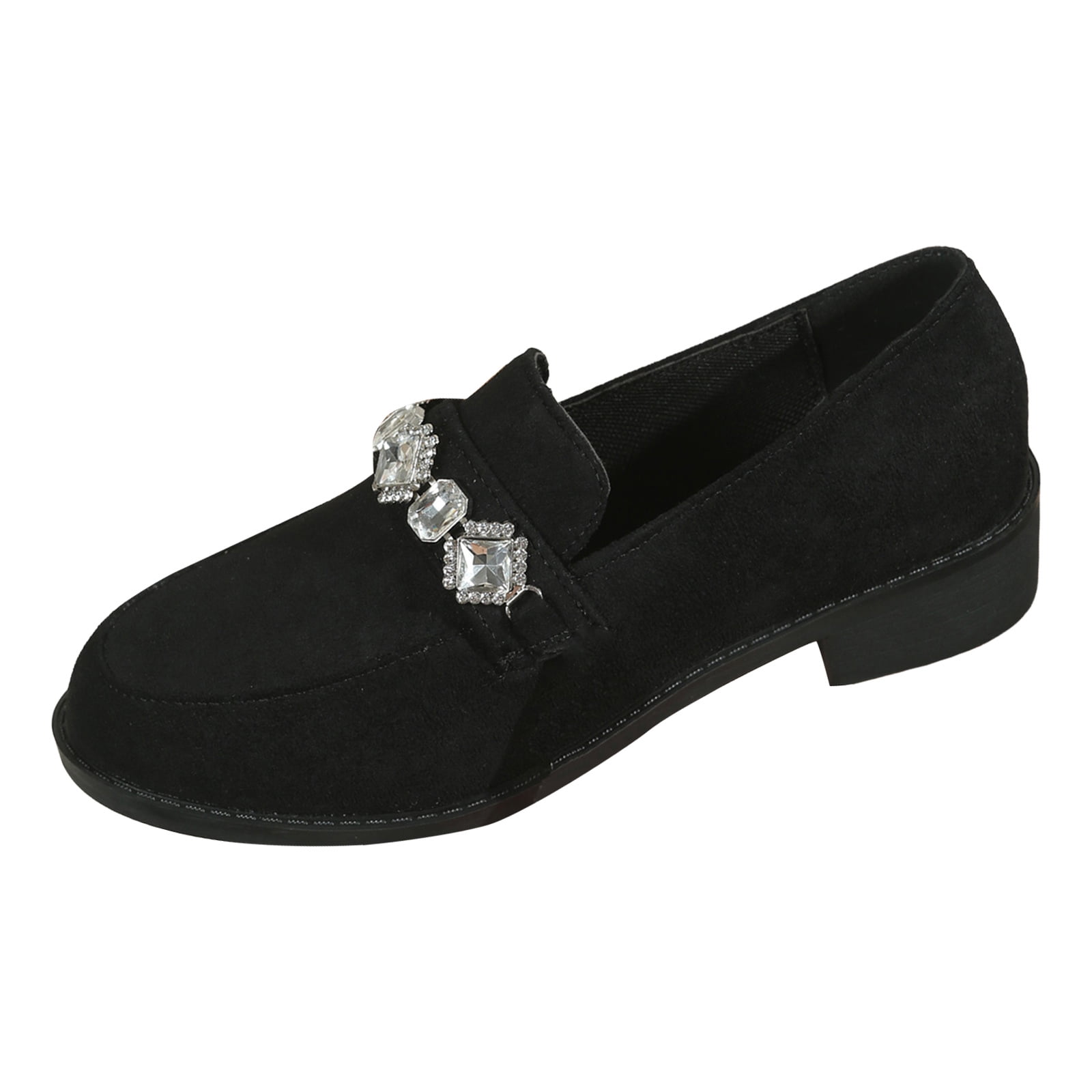 Suede Loafers for Women Comfortable Slip On Glitter Rhinestone Dress Shoes Block Low Heel Non Slip Fall Shoes Black Size 9