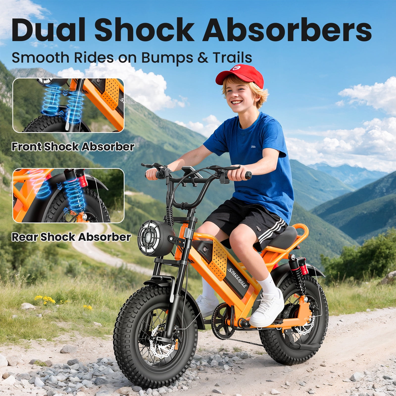 Spacewalk 16" Fat Tire Ebike, 750W, 21.7MPH, 48V/15AH Battery, 4 Shock Absorbers, Compact for Riders Under 5'2" & Teens.