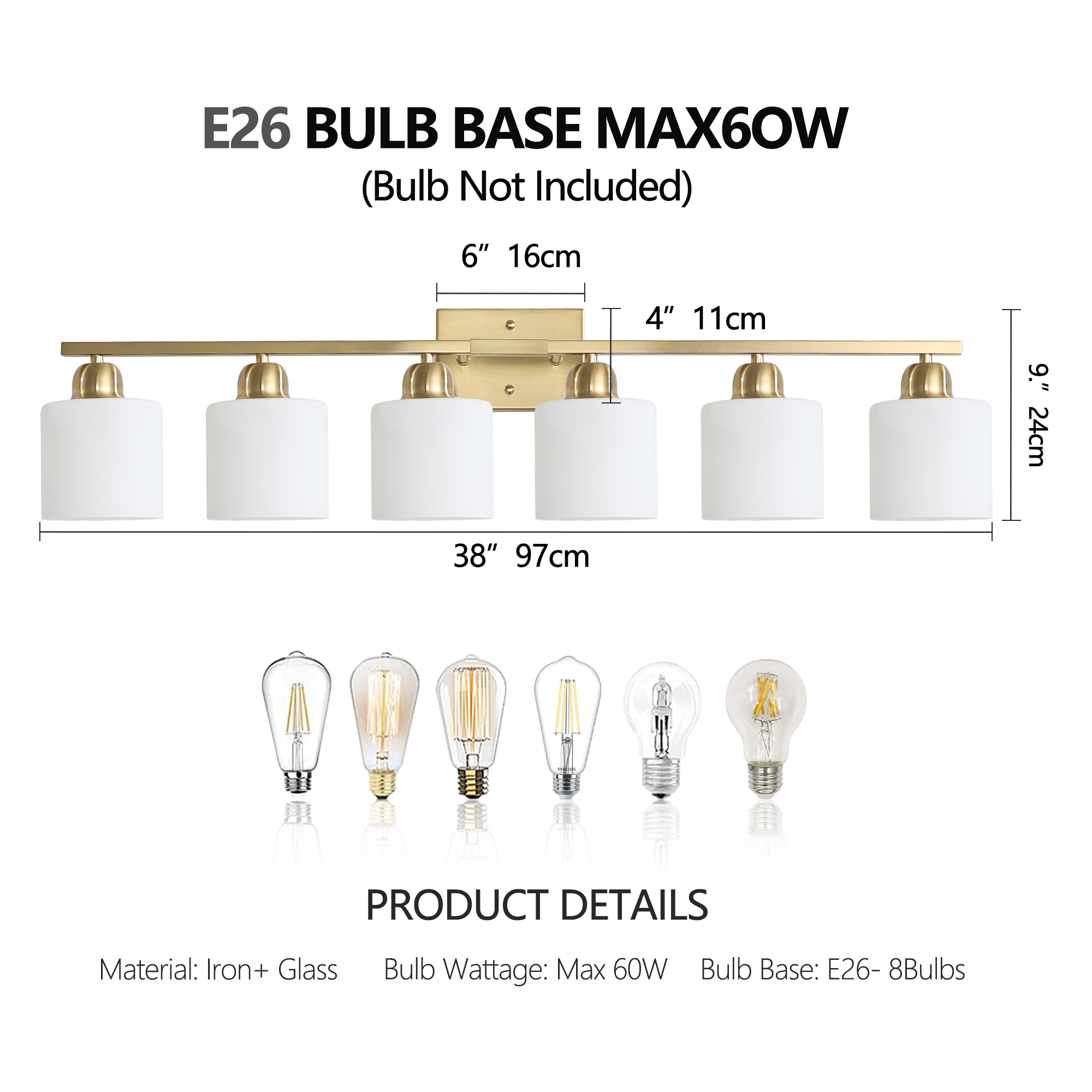 Leumius 6-Light Bathroom Vanity Light Fixture, Modern Vanity Light Over Mirror, Wall Sconces with Milky White Frosted Glass Shades for Mirror, Bathroom, Bedroom and Hallway Gold (No Bulbs)