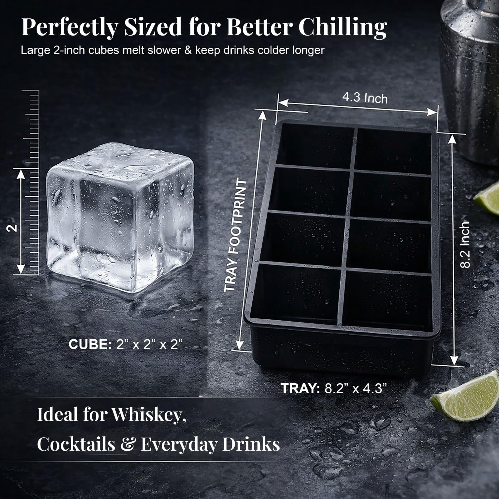 Large Silicone Ice Cube Tray - 3 Pack Trays For 8 Square Cubes With Bin  Scoop Tong & 2 Ss Straws Easy Release Mold Coffee (black)