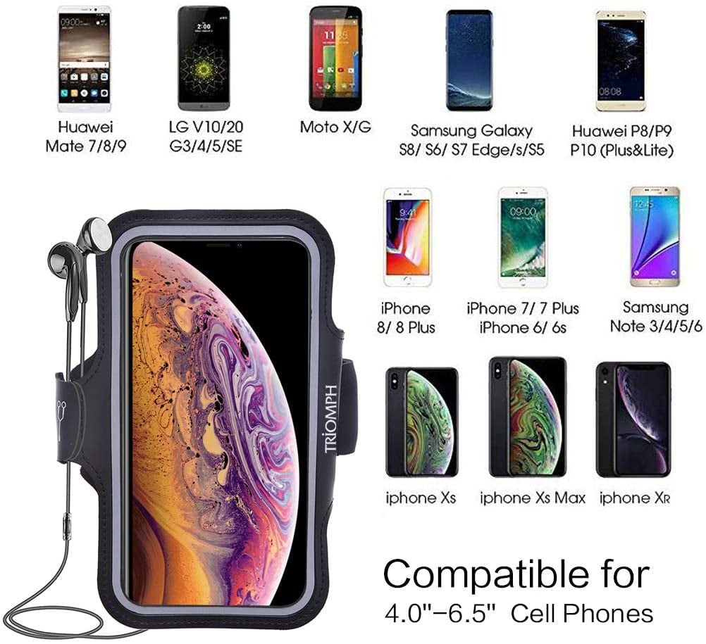 Triomph Water Resistant Phone Armband Case for iPhone Xs Max Xs XR S8 Plus with Adjustable Elastic Band & Key Card Holder X,8 Plus,7 Plus,iPod Samsung Galaxy S9 Plus 6.5 