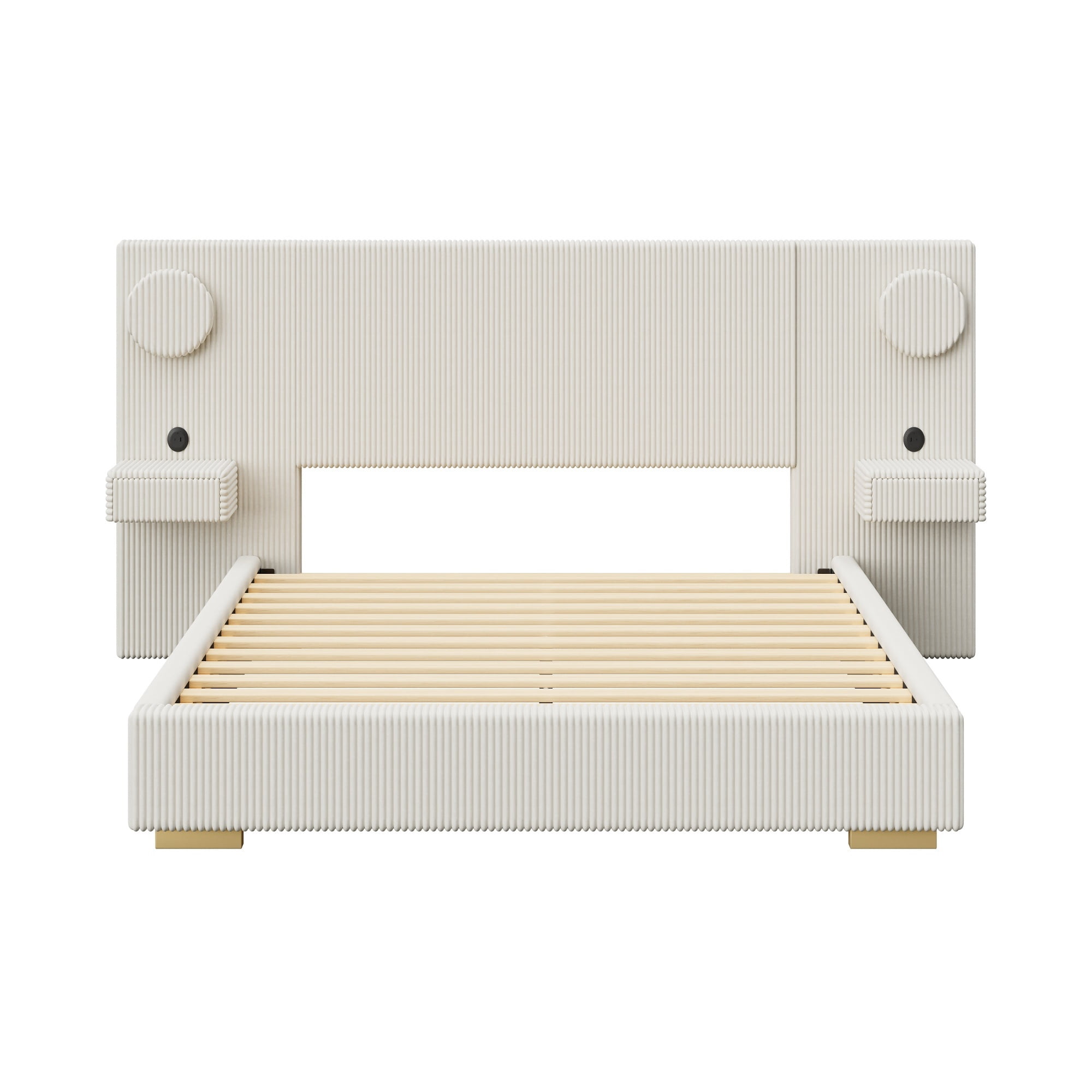 Euroco Upholstery Queen Size Platform Bed with LED Light and Drawers, High Headboard Design with Bedside Tables and USB Ports, No Box Spring Needed, Beige