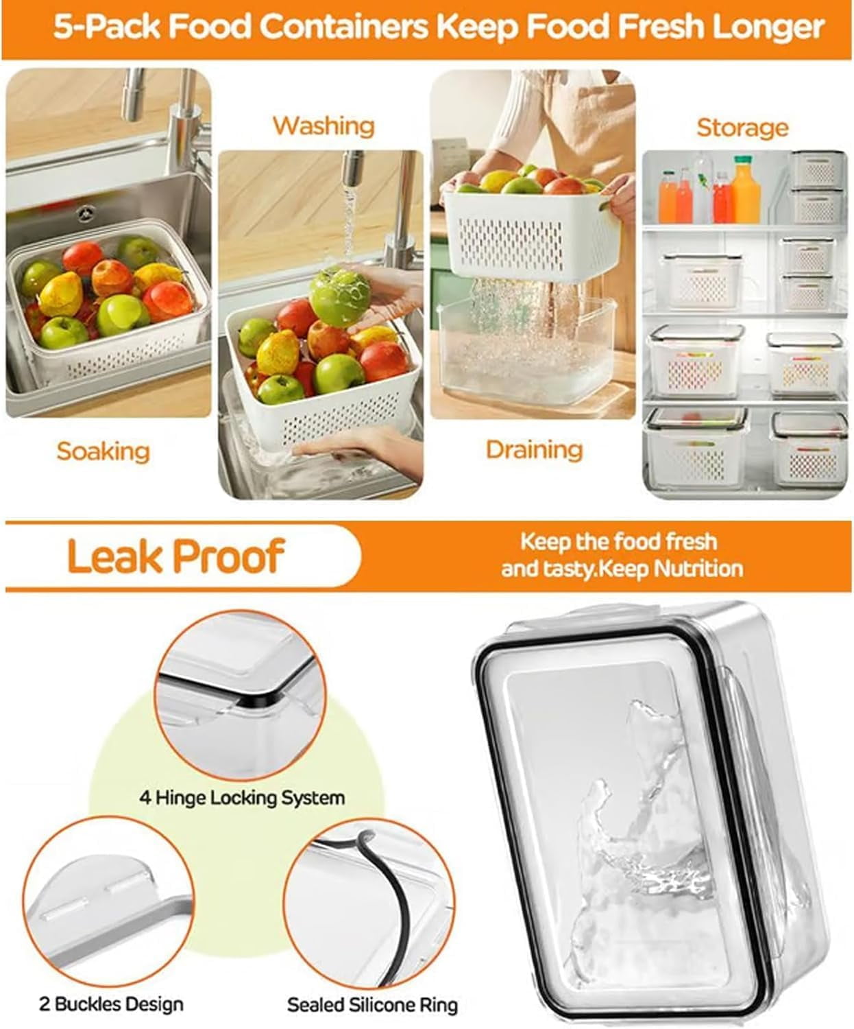 4-in-1 Food Storage Container, Multifunctional Plastic Produce Saver Bins with Removable Colander Vegetable Containers for Fridge