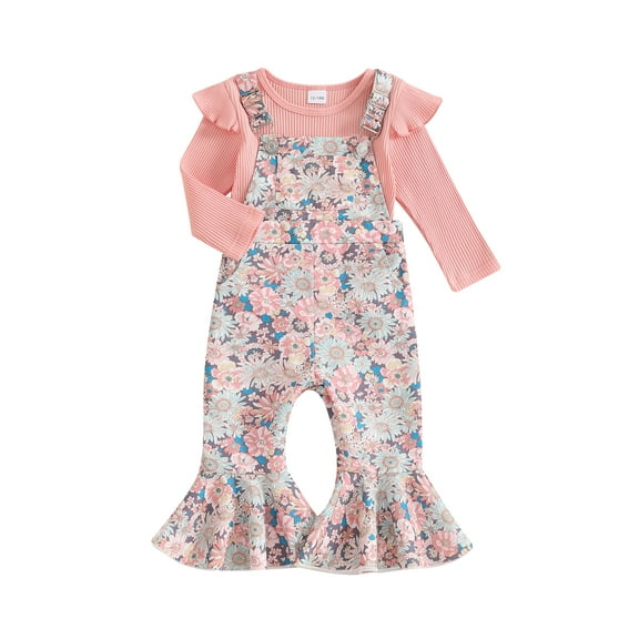 Hirigin Toddler Baby Girl Fall Clothes 1-5 Years Floral Print Overalls Suspender Flare Pants Long Sleeve Ruffle Knit Top 2Pcs Outfits Set
