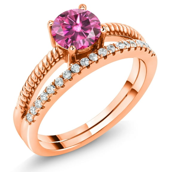 Gem Stone King 18K Rose Gold Plated Silver Pink Moissanite Engagement Engagement Ring for Women (0.99 Cttw, Gemstone , Round 6MM, Size 9)