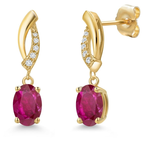 Gem Stone King 14K Yellow Gold Red African Ruby and Lab Grown Diamond Dangle Earrings for Women | 1.79 Cttw | Gemstone July Birthstone | Oval 7X5MM