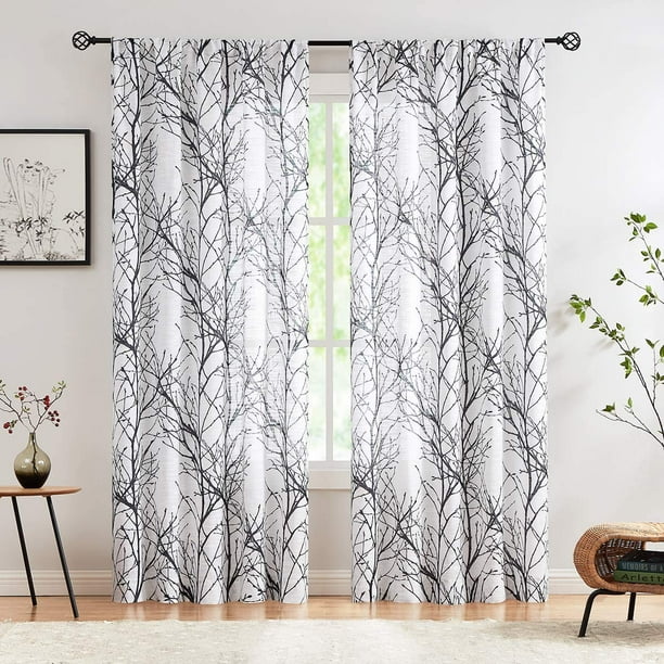 Black White Semi Sheer Curtains 120 Length Branch Tree Printed Window Treatment Set For Living Room Ds 50 W X 2 Panels Rod Pocket Com Black White Semi Sheer Curtains 120, 120 Length Curtains White