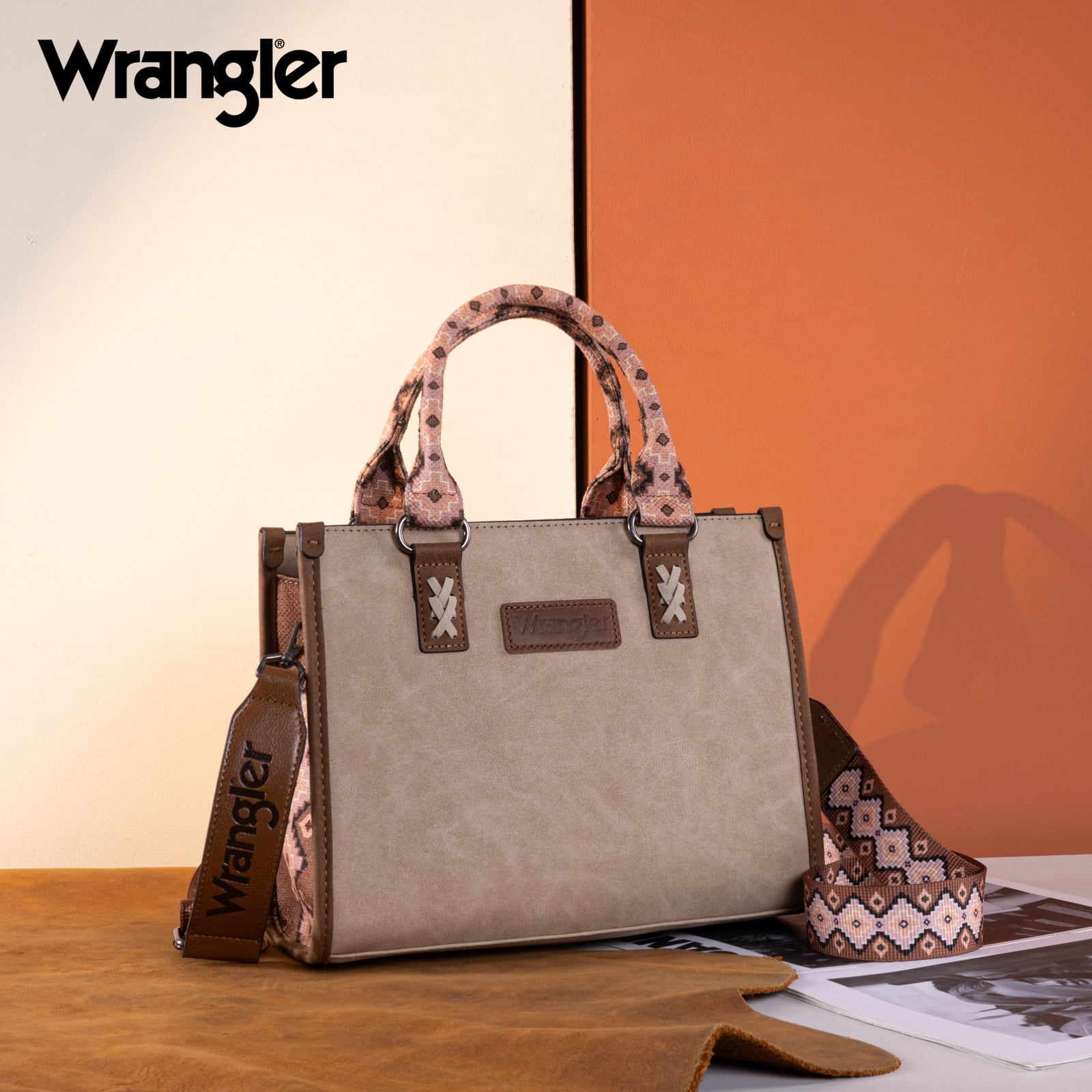 Wrangler Tote Bag for Women Western Retro Purse Top Handle Handbags with Aztec Strap, khaki