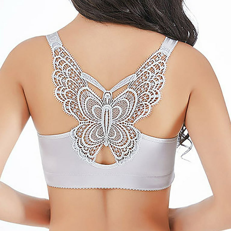 Qcmgmg Tshirt Bra Full Coverage Wirefree Bras for Women Front Closure Plus  Size Bras Butterfly Back Push Up Cute Bras Silver 3885B 