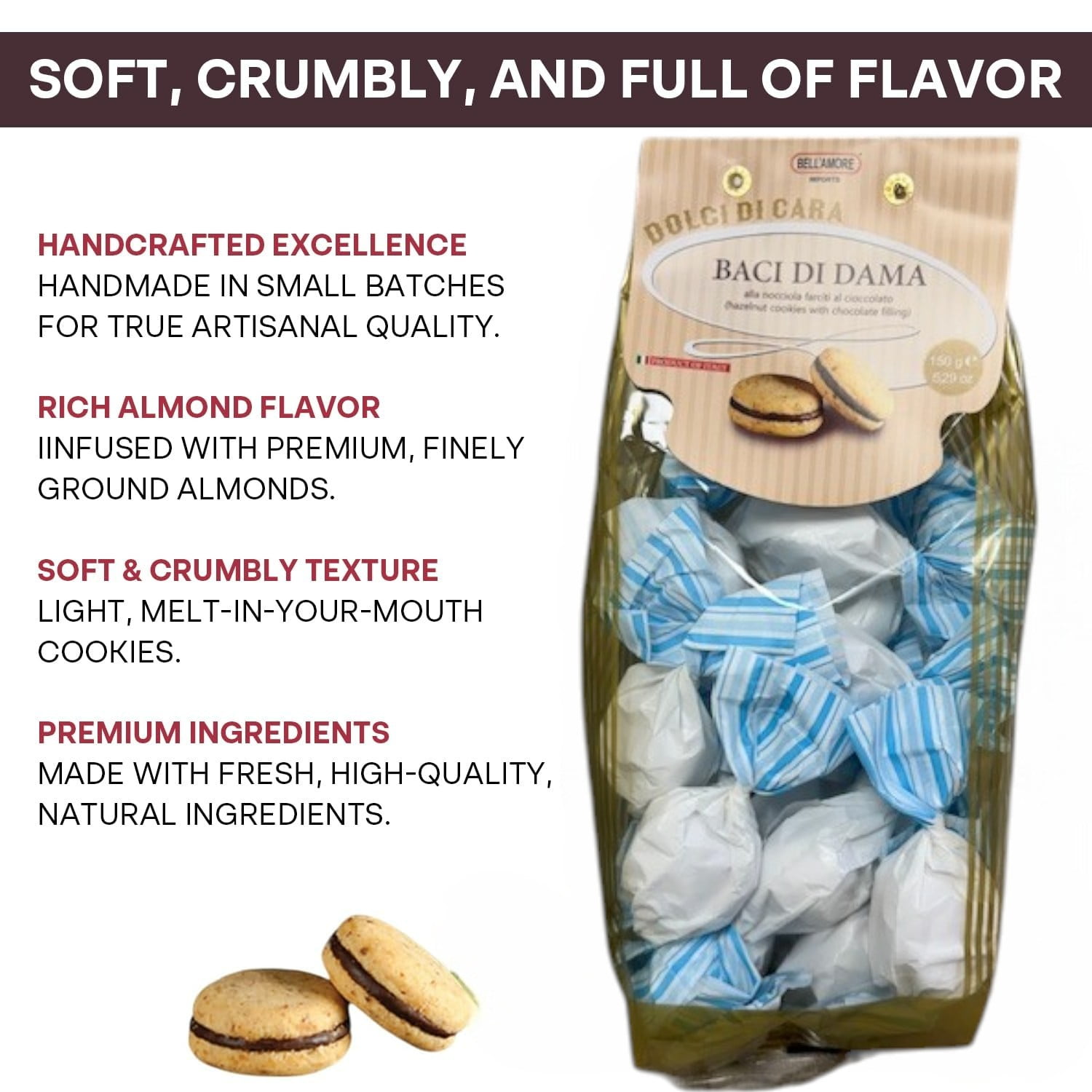 Italian Amaretti Cookies, Soft Almond Cookies Filled with Rich Chocolate Cream, 300g (2 x 150g bags), Made in Italy - Baci Di Dama