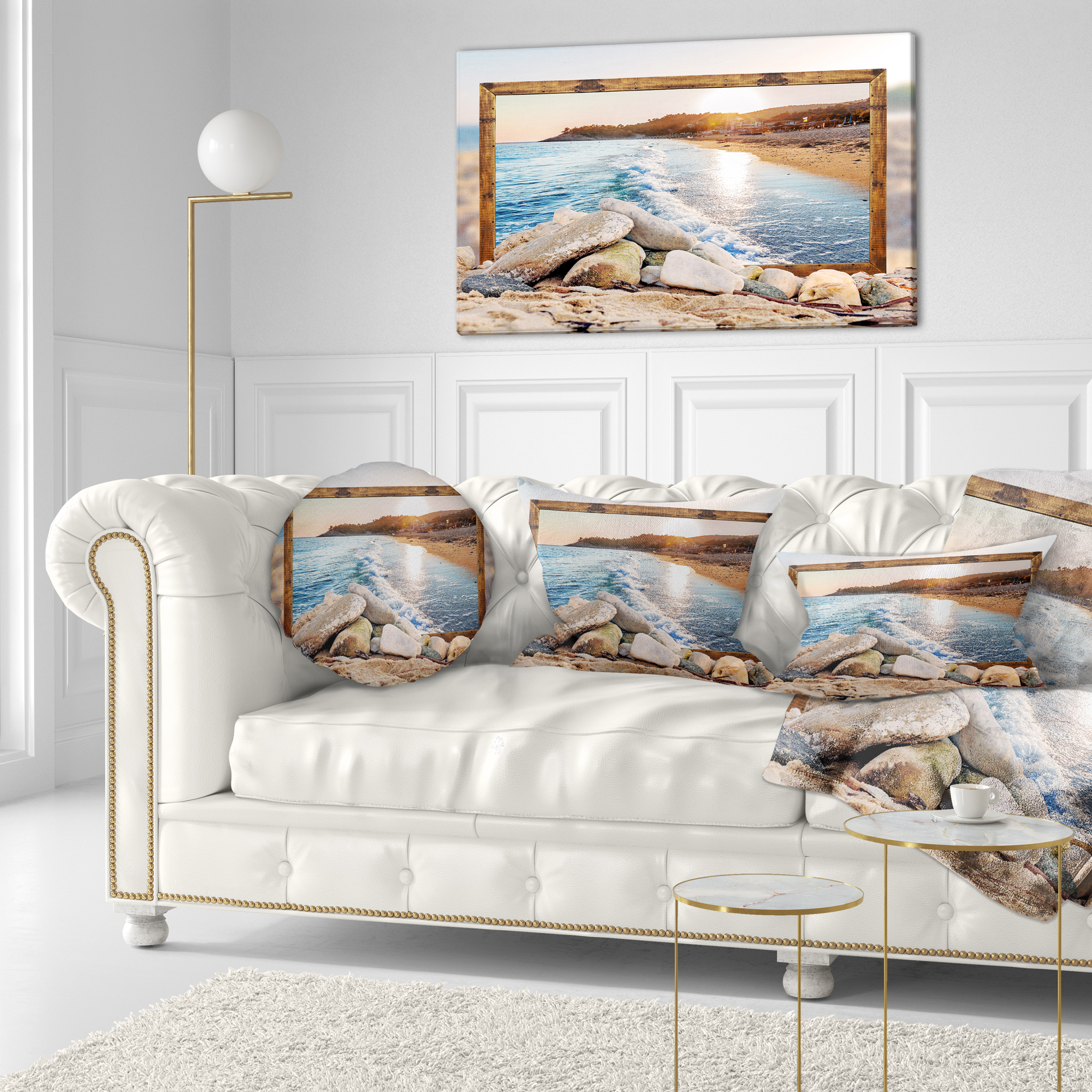 Designart Framed Effect Rocky Beach - Seashore Throw Pillow - 12x20