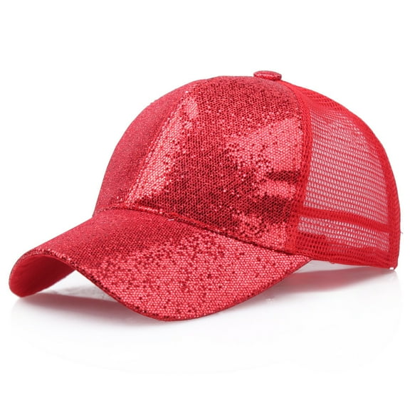 Women's Sequin Trucker Hat Glitter Mesh Baseball Cap Adjustable for Party Festival Concert Costume Supplies Daily Red L