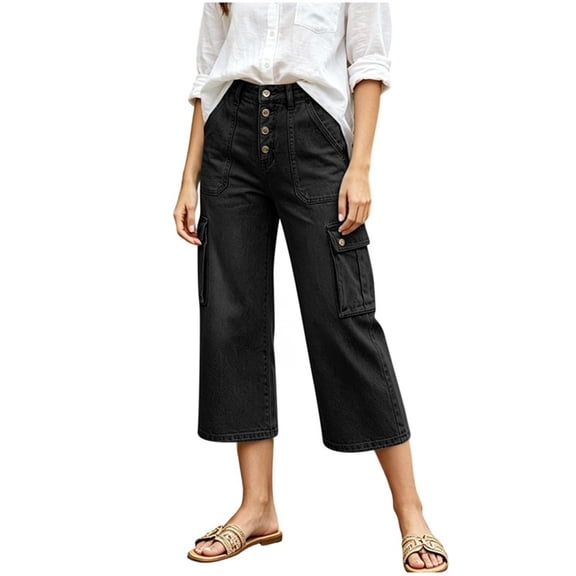 Aimik Women's High Waist Cargo Capri Jeans Button Fly Cropped Denim Pants with Side Pockets Casual Streetwear Pant