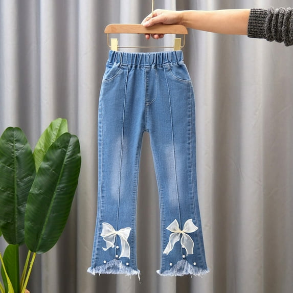 Toddler Jeans Girls Embroidered Jeans Toddler Bell Bottom Pants with Pockets High Waist Denim Pants Cute Jeans for Girls 3-4 Y