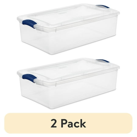 (2 pack) Sterilite 32 Quart Medium Latching Storage Bin Clear Plastic Storage Container with Latch Lid Blue