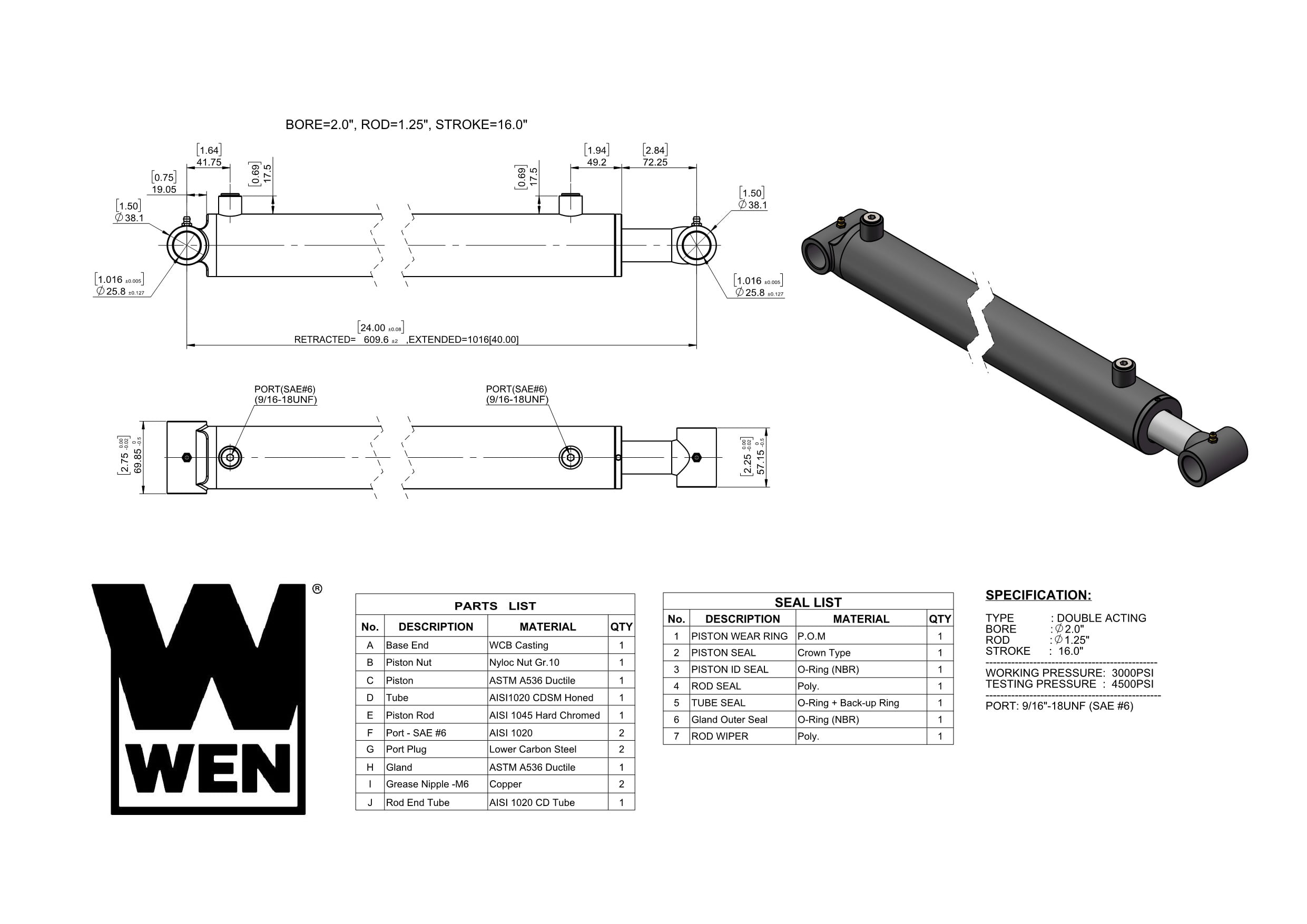 WEN Cross Tube Hydraulic Cylinder with 2-inch Bore and 16-inch Stroke
