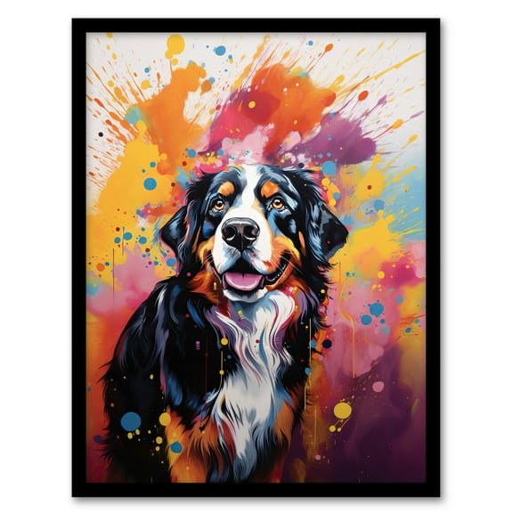 Bernese Mountain Dog Lover Gift Pet Portrait Orange Purple Blue Artwork Painting Art Print Framed Poster Wall Decor 12x16 inch