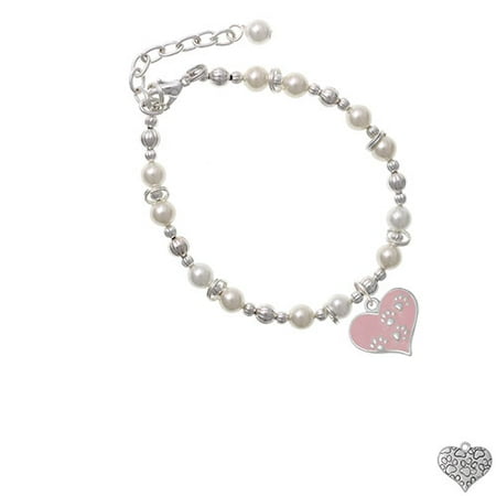 - Pink Enamel Heart with Paw Prints Imitation Pearl Beaded Bracelet